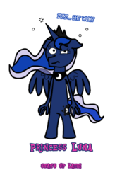 Size: 600x865 | Tagged: safe, artist:greenlinzerd, princess luna, anthro, g4, caption, female, horn, sharp horn, simple background, solo, tired, transparent background