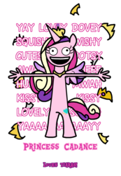 Size: 624x900 | Tagged: safe, artist:greenlinzerd, princess cadance, anthro, g4, cadance loves tiaras, caption, derp, female, horn, open mouth, sharp horn, simple background, solo, tiara, transparent background, wide eyes