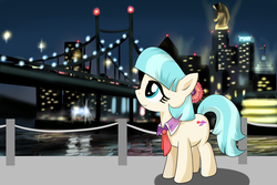 Size: 1920x1280 | Tagged: safe, artist:nekokevin, coco pommel, earth pony, pony, g4, bridge, building, city, crystaller building, female, flower, flower in hair, lights, looking up, manehattan, mare, night, pony (sony), smiling, solo, standing