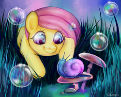 Size: 1300x1040 | Tagged: safe, artist:stasy-macalister, fluttershy, snail, g4, cute, female, solo, speedpaint available
