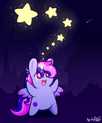 Size: 812x969 | Tagged: safe, artist:dsp2003, oc, oc only, oc:brightstar sentry, alicorn, pony, alicorn oc, chibi, female, looking up, magic, simple background, solo, starry sky, stars, style emulation