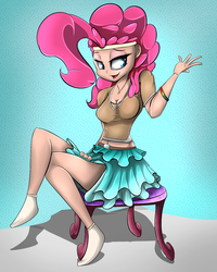 Size: 1000x1250 | Tagged: safe, artist:madacon, pinkie pie, human, g4, belly button, clothes, female, humanized, midriff, sitting, skirt, solo