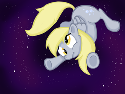 Size: 900x675 | Tagged: safe, artist:doodlinjaz, derpy hooves, pegasus, pony, g4, female, floating, mare, solo, space, underhoof, zero gravity