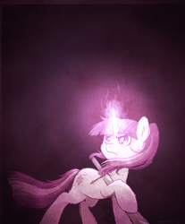 Size: 1024x1239 | Tagged: dead source, safe, artist:hawthornss, twilight sparkle, g4, cover, fanfic art, fanfic cover, female, glowing horn, horn, magic, monochrome, simple background, solo, sword, weapon