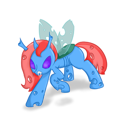 Size: 500x500 | Tagged: artist needed, source needed, safe, oc, oc only, oc:skyfall, changeling, blue changeling, changelingified, fangs, solo, wings