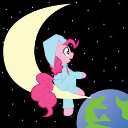 Size: 2000x2000 | Tagged: safe, artist:dualx, artist:php27, pinkie pie, g4, crescent moon, earth, female, hat, high res, moon, nightcap, nightgown, planet, solo, tangible heavenly object, transparent moon