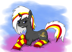 Size: 1003x728 | Tagged: safe, artist:howard59rus, oc, oc only, oc:velvet remedy, pony, unicorn, fallout equestria, clothes, fanfic, fanfic art, female, horn, mare, socks, solo, striped socks