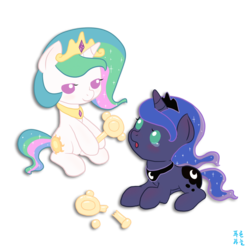 Size: 1500x1500 | Tagged: safe, artist:mrs1989, princess celestia, princess luna, g4, foal, rattle, younger