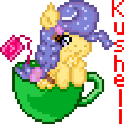 Size: 300x300 | Tagged: safe, artist:kushell, oc, oc only, oc:clara doe, pony, cup of pony, pixel art, simple background, solo, tea, teabag, teacup, tiny ponies, transparent background