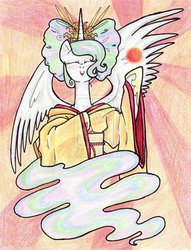 Size: 2141x2802 | Tagged: safe, artist:oriwhitedeer, princess celestia, alicorn, pony, g4, amaterasu, clothes, eyes closed, female, high res, mare, solo, sun, traditional art