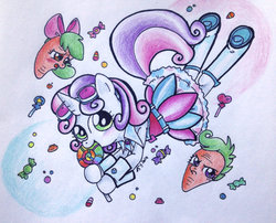Size: 900x728 | Tagged: safe, artist:oriwhitedeer, apple bloom, scootaloo, sweetie belle, unicorn, semi-anthro, g4, blushing, candy candy, crossover, cutie mark crusaders, female, filly, foal, gumi, kyary pamyu pamyu, traditional art, vocaloid