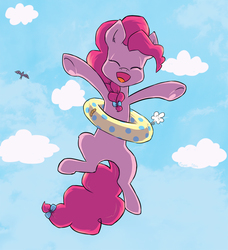 Size: 912x1000 | Tagged: safe, artist:erysz, pinkie pie, g4, alternate hairstyle, female, happy, inflatable, inner tube, ponytail, solo, underhoof