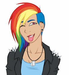 Size: 500x549 | Tagged: safe, artist:emberfan11, rainbow dash, human, g4, animated, clothes, female, humanized, leather, leather jacket, piercing, solo, undercut