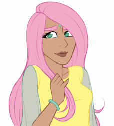 Size: 500x549 | Tagged: safe, artist:emberfan11, fluttershy, human, g4, animated, blushing, dark skin, eyes closed, female, humanized, open mouth, simple background, solo, white background