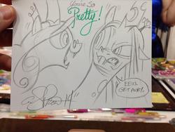 Size: 1024x768 | Tagged: safe, artist:andypriceart, queen chrysalis, g4, disgusted, eww, grin, mirror universe, paper, reversalis, self ponidox, sketch, traditional art