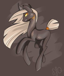 Size: 816x969 | Tagged: safe, artist:pon-ee, oc, oc only, oc:lava cookie, pony, glowing, horn, jagged horn, lava, short tail, solo