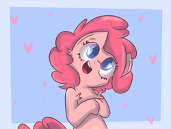 Size: 1600x1200 | Tagged: safe, artist:strabarybrick, pinkie pie, earth pony, pony, g4, blue background, chest fluff, colored pupils, cute, diapinkes, ear fluff, female, fluffy, head tilt, heart, mare, open mouth, ponk, shoulder fluff, simple background, smiling, solo
