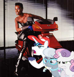 Size: 578x600 | Tagged: safe, artist:chainchomp2 edits, artist:chezne, artist:quanno3, artist:ricrobincagnaan, shining armor, silver spoon, sweetie belle, g4, grace jones, irl, leather, motorcycle, photo, ponies in real life, vector, whistle