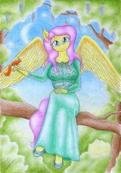 Size: 1631x2329 | Tagged: safe, artist:sinaherib, fluttershy, anthro, g4, clothes, dress, elf ears, female, looking at you, shoes, solo, traditional art, tree branch