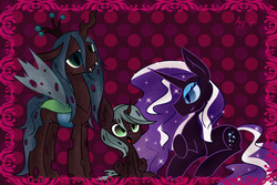 Size: 1500x1000 | Tagged: safe, artist:anggrc, nightmare rarity, queen chrysalis, oc, changeling, changeling queen, nymph, pony, unicorn, g4, abstract background, commission, couple, female, implied shipping, lesbian, nightmare pony, nightmare rarilis, parent:nightmare rarity, parent:queen chrysalis, shipping