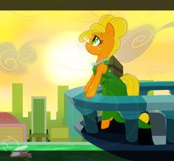 Size: 1300x1200 | Tagged: safe, artist:great9star, applejack, earth pony, pony, g4, alternate hairstyle, alternate universe, balcony, bipedal, bipedal leaning, city, clothes, commission, dress, female, lens flare, manehattan, necklace, orangejack, solo, sunset