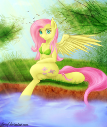 Size: 1600x1900 | Tagged: safe, artist:farcuf, fluttershy, anthro, g4, bikini, clothes, female, sitting, solo, swimsuit, water