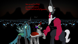 Size: 1191x670 | Tagged: safe, artist:nukarulesthehouse1, king sombra, lord tirek, queen chrysalis, changeling, changeling queen, pony, unicorn, g4, changeling swarm, female, hilarious in hindsight, legion of doom, male, nose piercing, nose ring, piercing, raised hoof, septum piercing, stallion, villain teamup