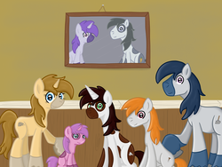 Size: 4000x3000 | Tagged: safe, artist:bigmackintosh, oc, oc only, oc:digger, oc:dug, oc:hardy mackintosh, oc:lia bella, oc:mackintosh snr, oc:miana may, oc:tiarna lee, earth pony, pony, unicorn, blacksmith, bust, coat markings, draft horse, family photo, female, filly, foal, parent, pinto, portrait, siblings, teenager