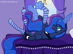 Size: 1025x768 | Tagged: safe, artist:w0lfylicious, princess luna, g4, bed, bedroom, clothes, confused, female, magic, socks, solo, stockings, striped socks, window