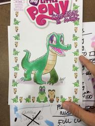 Size: 768x1024 | Tagged: safe, artist:tony fleecs, gummy, owlowiscious, alligator, bird, owl, g4, irl, photo, traditional art