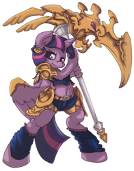 Size: 2287x2920 | Tagged: safe, artist:mistydash, twilight sparkle, anthro, unguligrade anthro, g4, armor, belly button, female, high res, scythe, simple background, solo, transparent background, twilight sparkle (alicorn), weapon