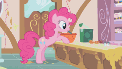 Size: 960x540 | Tagged: safe, screencap, pinkie pie, earth pony, pony, call of the cutie, g4, season 1, animated, baking, female, gif, mare, mouth hold, solo, stirring