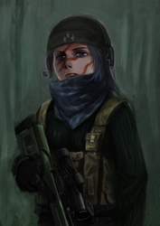Size: 3000x4242 | Tagged: safe, artist:tiger-type, rarity, human, g4, battlefield, battlefield 3, camouflage, clothes, cutie mark, face paint, female, gun, headset, humanized, military, optical sight, rifle, scarf, sniper rifle, soldier, solo, sv-98, traditional art, vest, weapon