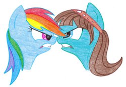 Size: 900x627 | Tagged: safe, artist:rmsaun98722, rainbow dash, pegasus, pony, g4, angry, blythe baxter, boop, drawing, gritted teeth, let them fight, littlest pet shop, my littlest pet shop: escape from equestria, noseboop, ponified, rivalry, traditional art, vs