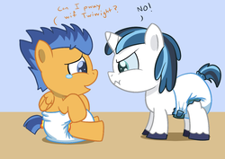 Size: 1248x883 | Tagged: safe, artist:artiecanvas, flash sentry, shining armor, pony, g4, age regression, baby, baby pony, diaper, foal, overprotective armor, poofy diaper, shipping denied