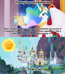 Size: 1021x1149 | Tagged: safe, princess celestia, g4, baby sun, celestia's proclamation, exploitable meme, meme, sun, teletubbies, why