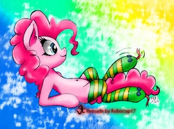 Size: 1024x760 | Tagged: safe, artist:robocop17, pinkie pie, g4, belly button, clothes, female, sock puppet, socks, solo, striped socks