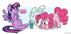 Size: 2141x1024 | Tagged: dead source, safe, artist:jullamox, pinkie pie, twilight sparkle, alicorn, pony, g4, crazy straw, duo, female, looking back, magic, mare, slushie, tea, teacup, twilight sparkle (alicorn), twilight sparkle is not amused, unamused