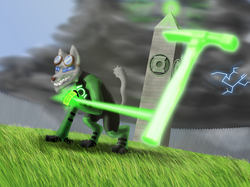 Size: 2592x1936 | Tagged: safe, artist:evil-dec0y, oc, oc only, oc:rufus, diamond dog, blackest night equestria, clothes, commission, crossover, dc comics, goggles, green lantern, hammer, obelisk, solo, storm, superhero, uniform, weapon