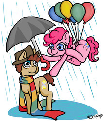 Size: 600x700 | Tagged: safe, artist:ponyinnascarf, doctor whooves, pinkie pie, time turner, g4, balloon, doctor who, fourth doctor, rain, then watch her balloons lift her up to the sky, umbrella