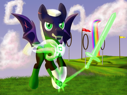 Size: 2592x1936 | Tagged: safe, artist:evil-dec0y, oc, oc only, oc:boomerang blitz, bat pony, pony, armor, clothes, commission, crossover, dc comics, fangs, green lantern, male, solo, stallion, sword, tech armor, uniform, weapon