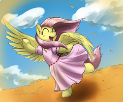 Size: 1627x1345 | Tagged: safe, artist:otakuap, fluttershy, pegasus, pony, g4, bipedal, clothes, cute, dress, female, happy, open mouth, open smile, puffy sleeves, shyabetes, smiling, solo