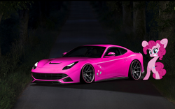 Size: 1280x800 | Tagged: safe, artist:iqbalherindra, pinkie pie, earth pony, pony, g4, car, female, ferrari, ferrari f12 berlinetta, mare, photo, photoshop, solo