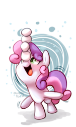 Size: 574x949 | Tagged: safe, artist:thedoggygal, sweetie belle, pony, unicorn, g4, balancing, cute, diasweetes, eyes on the prize, female, filly, foal, happy, marshmallow, open mouth, open smile, ponies balancing stuff on their nose, smiling, solo, sweetie belle using marshmallows