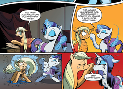 Size: 1400x1016 | Tagged: safe, artist:andypriceart, idw, official comic, applejack, rarity, earth pony, pony, unicorn, friends forever, g4, spoiler:comic, spoiler:comicff8, alternate hairstyle, annoyed, behaving like a dog, bipedal, boop, brushing, comic, duo, eyes closed, faic, female, floppy ears, fluffy, frown, glare, gritted teeth, lidded eyes, magic, mare, nose wrinkle, running makeup, shaking, smiling, speech bubble, telekinesis, unamused, wet, wet mane, wet mane applejack, wet mane rarity, wet-dog shake, wide eyes