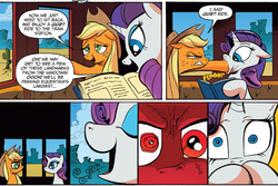 Size: 1400x937 | Tagged: source needed, useless source url, safe, artist:andypriceart, applejack, rarity, g4, idw, spoiler:comic, spoiler:comicff8, book, death stare, eye twitch, faic, hoof in mouth, hoofjack, meme, rage face, red face