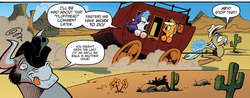 Size: 1400x548 | Tagged: safe, artist:andypriceart, idw, official comic, applejack, king longhorn, rarity, the stranger, bull, earth pony, pony, unicorn, friends forever #8, g4, my little pony: friends forever, spoiler:comic, cactus, desert, female, magic, male, mare, meta, saguaro cactus, spanking, speech bubble, stagecoach, stallion, swirly eyes, tongue out, wingding eyes