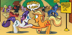 Size: 1303x639 | Tagged: safe, artist:andy price, idw, applejack, rarity, pony, friends forever #8, g4, my little pony: friends forever, spoiler:comic, bipedal, clothes, cute, disneyland, eye contact, floppy ears, happy, holding hooves, needs more jpeg, open mouth, smiling, sweet dreams fuel, trotting, trotting in place, tuxedo, whinnyland, wide eyes, wilhelm wombat