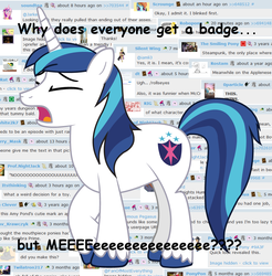 Size: 870x885 | Tagged: safe, shining armor, derpibooru, g4, badge, comic sans, crying, crying armor, male, meta, sad, sad armor, silent wing, solo, text, text edit, whining, whining armor