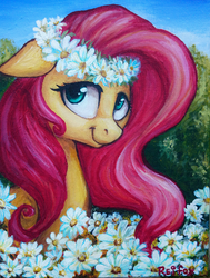 Size: 701x928 | Tagged: safe, artist:daffydream, fluttershy, g4, female, floral head wreath, flower, painting, portrait, solo, traditional art